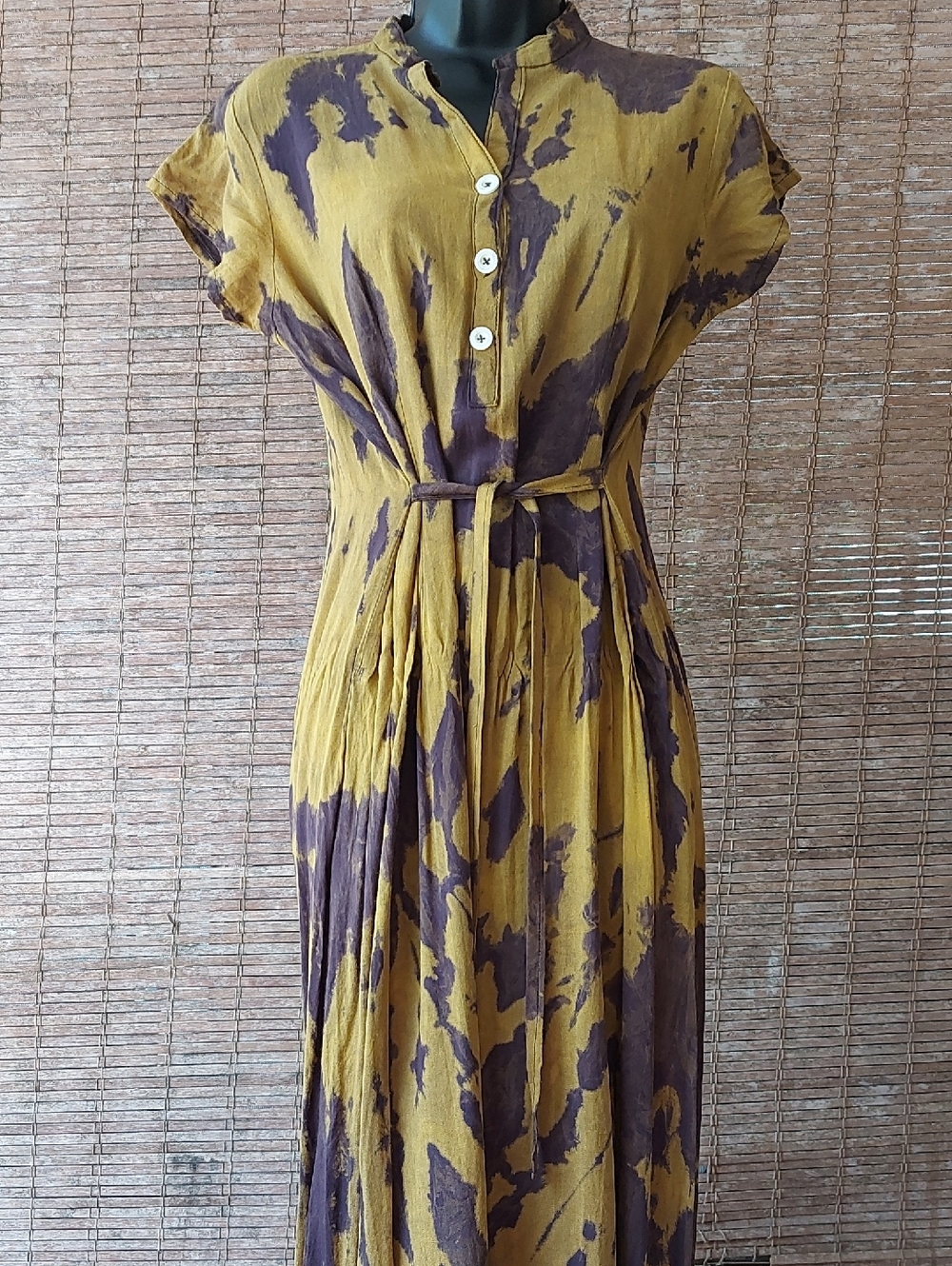 Mustard and Brown Tie-Waist Maxi Dress